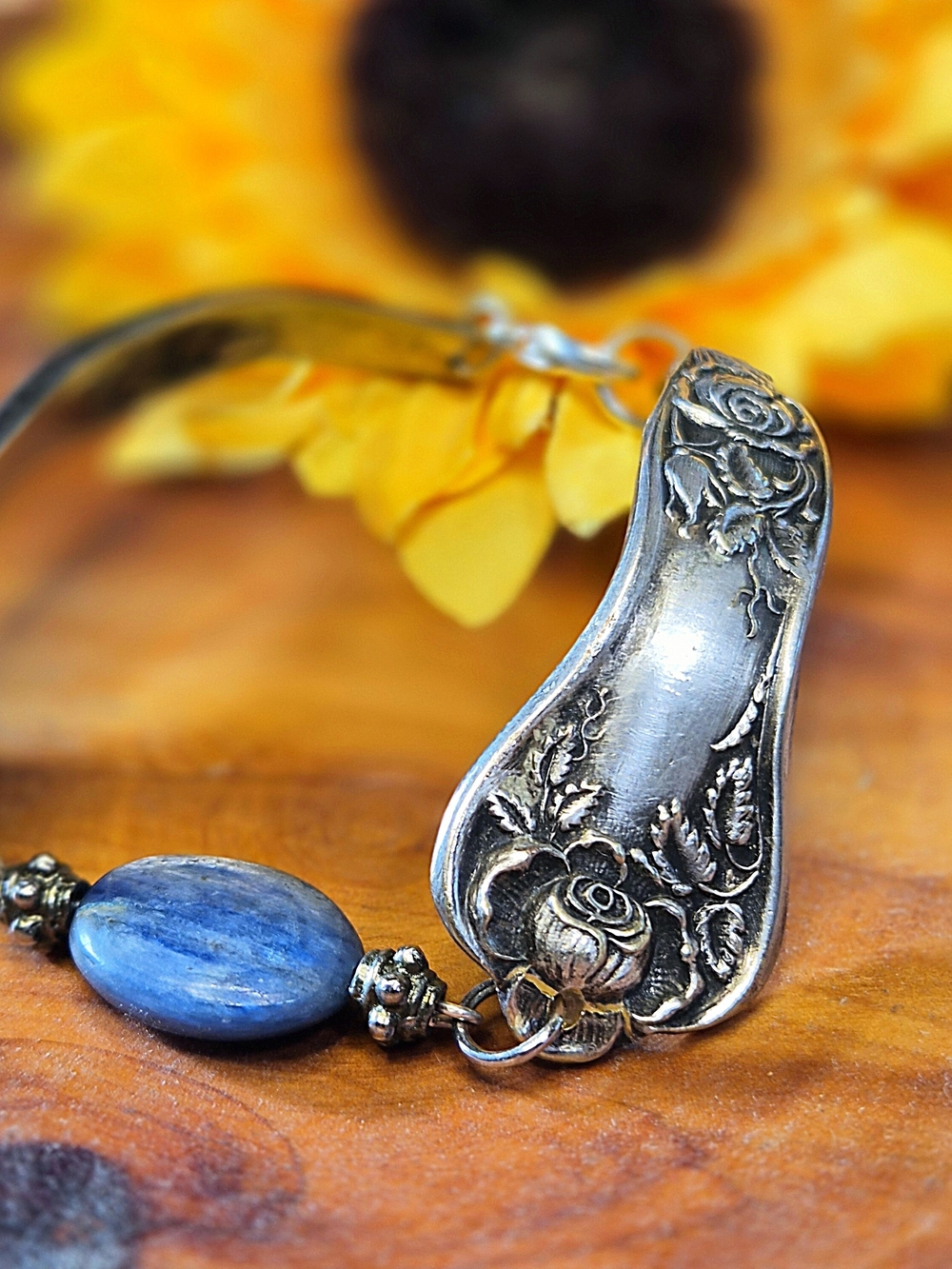 Handcrafted Silver Rose Spoon Bracelet with Blue Kyanite Bead